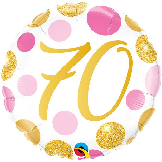70th Birthday Pink & Gold Dots Balloon - 18 Foil - 70th Birthday Balloons (each)