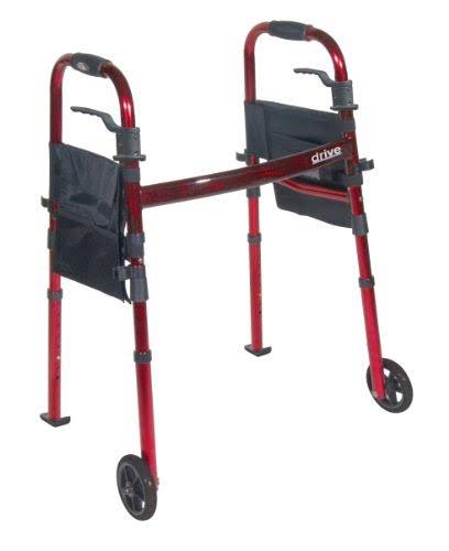 Drive Medical Deluxe Portable Folding Travel Walker - with 5" Wheels and Fold up Legs, Red