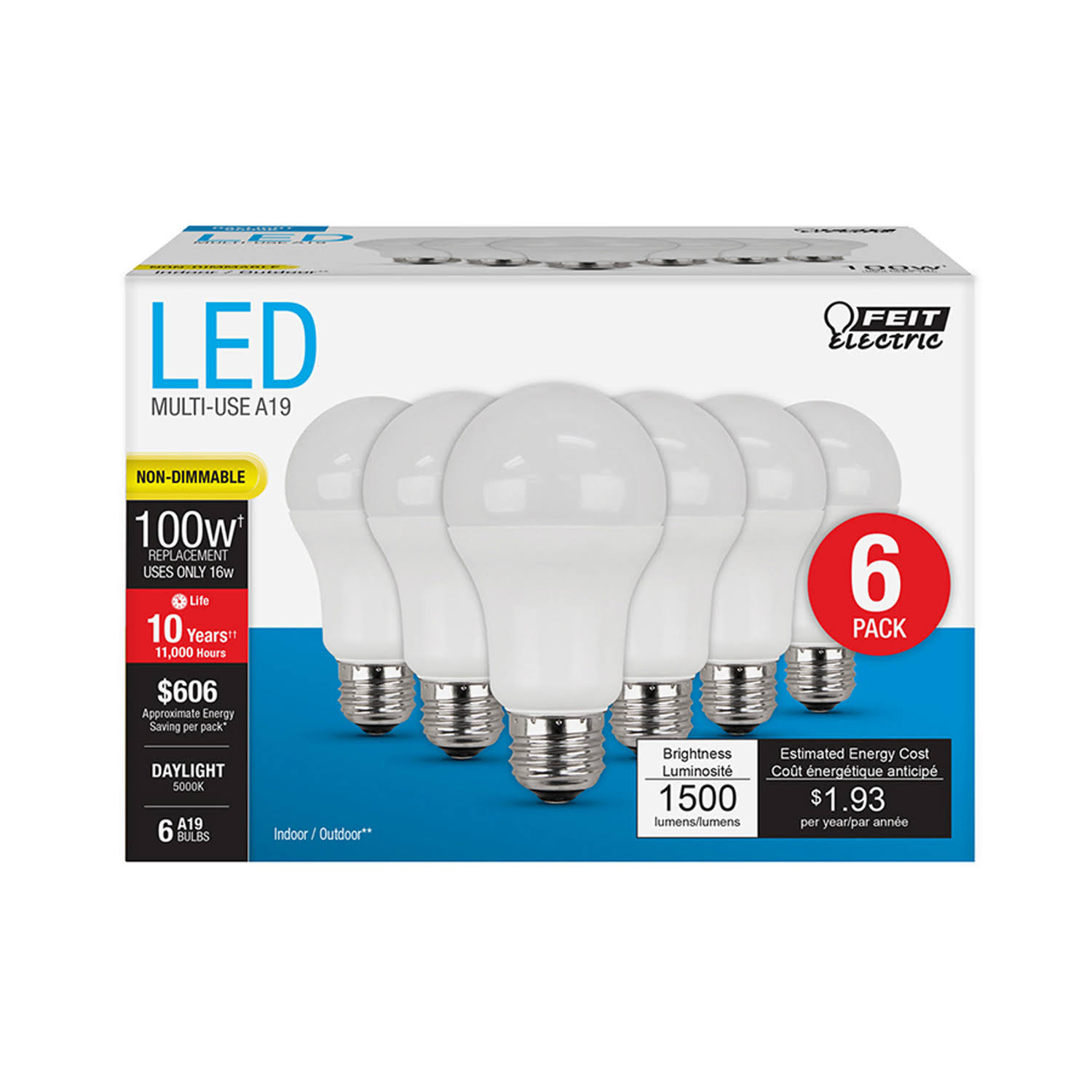 Feit Electric A19 E26 (Medium) LED Bulb Daylight 100 Watt Equivalence 6