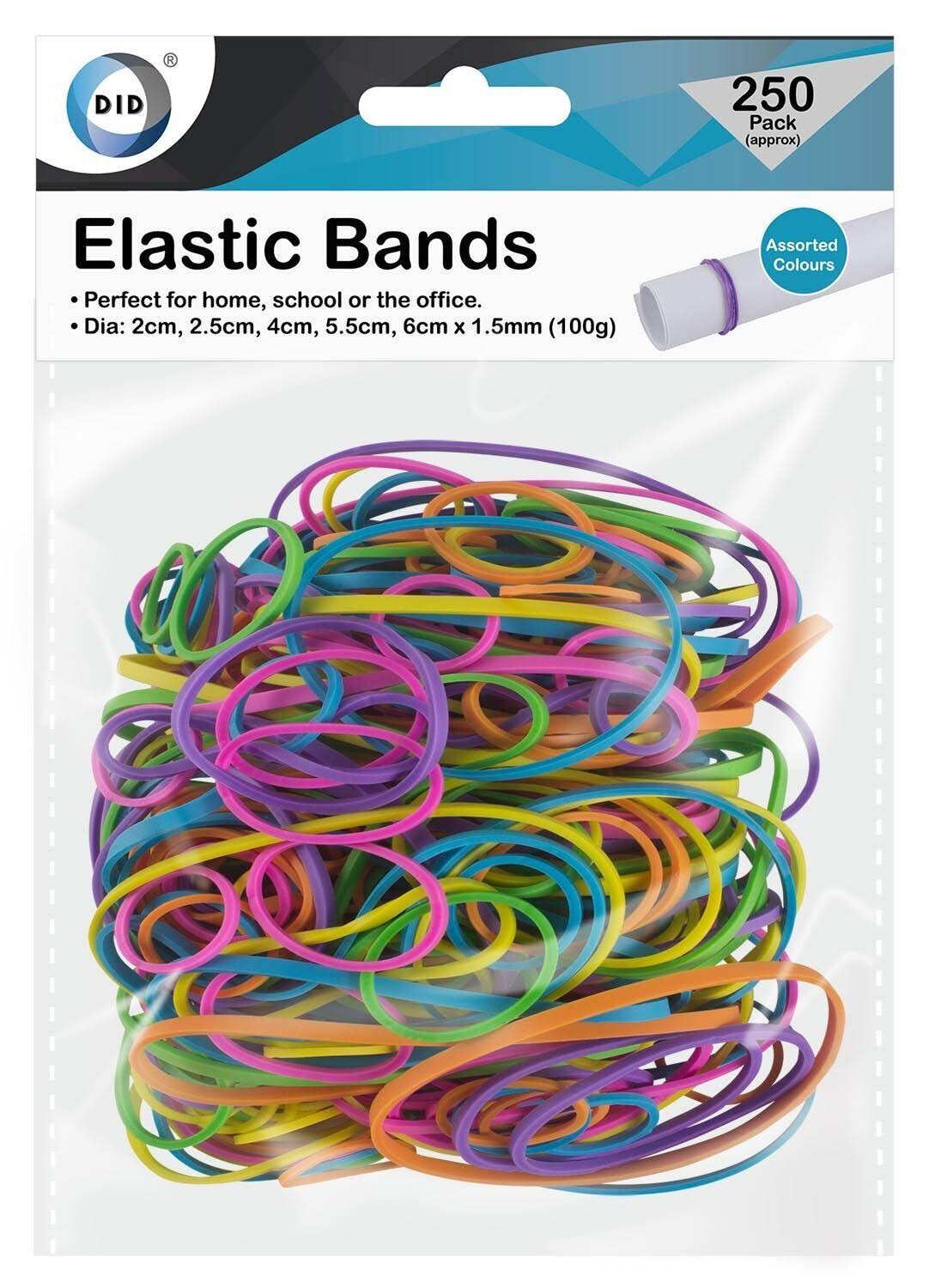 250pc Strong Elastic Rubber Bands Assorted Colours Sizes Home, School and Office