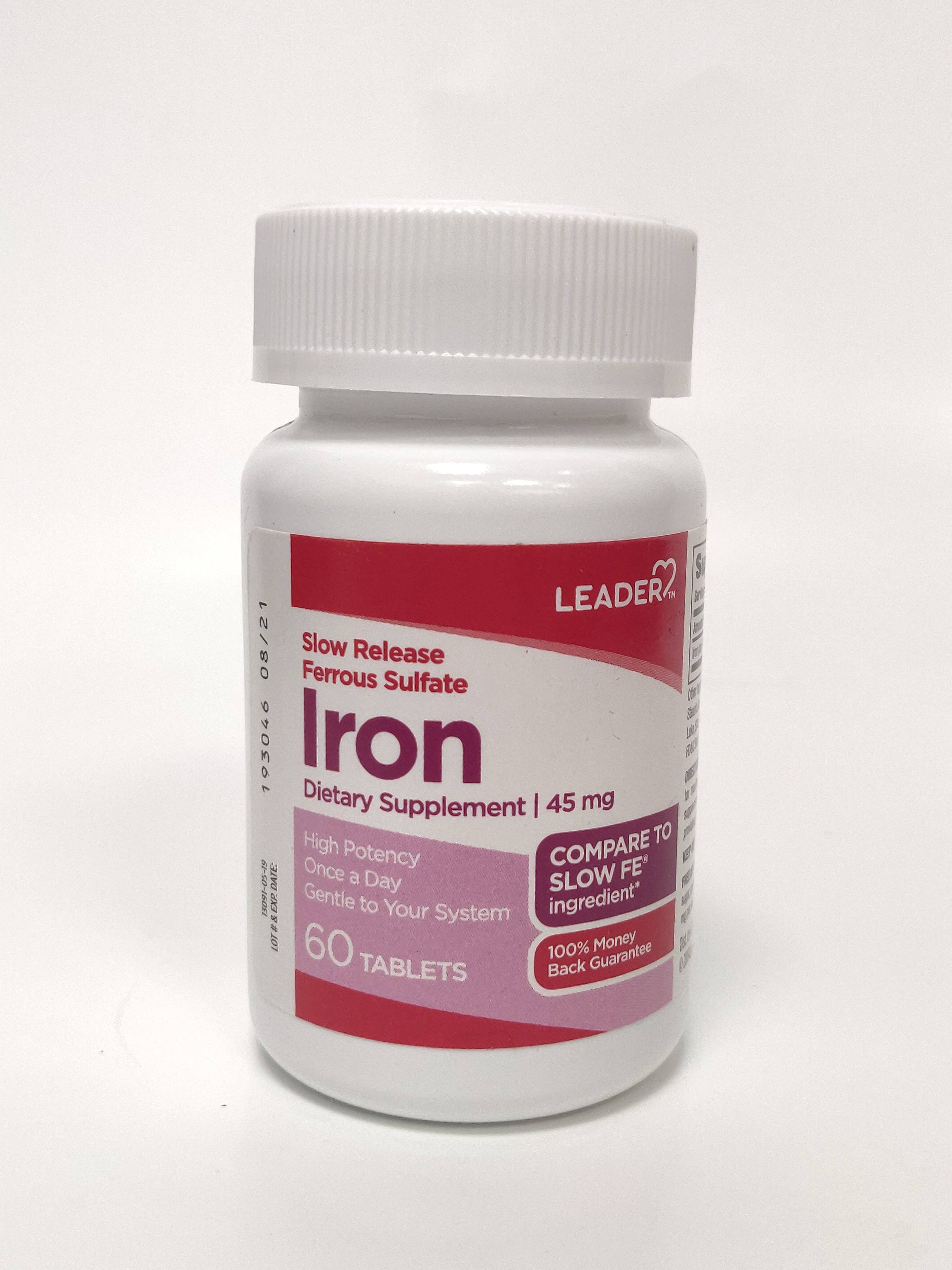 Leader Slow Release Ferrous Sulfate Iron Supplement - 45 mg, 60 Tablets
