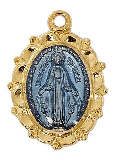 Two Tone Gold Over Sterling Silver Blue Enameled Miraculous Medal with 16"-18" Rhodium Plated Chain