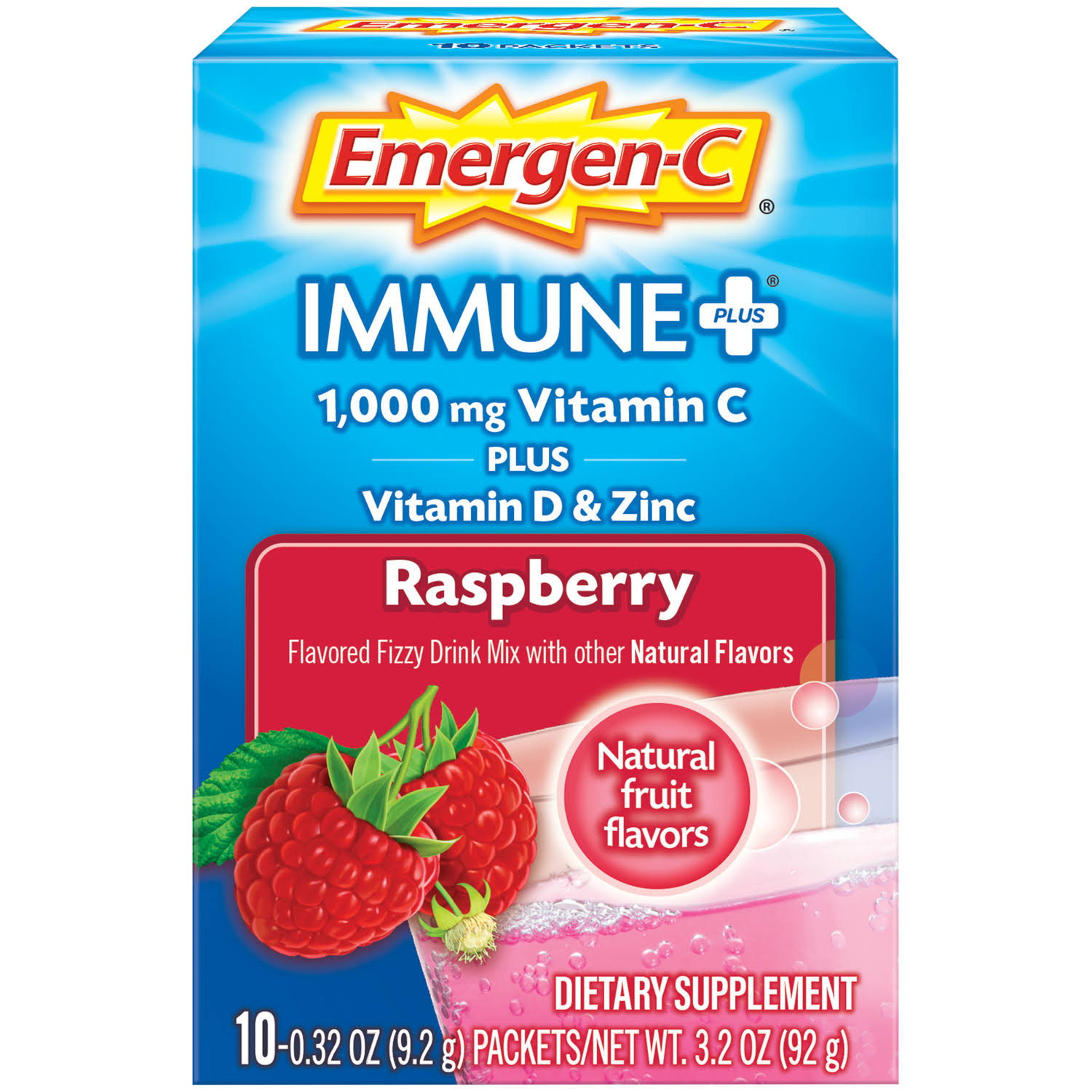 Emergen-C Immune Plus System Support Dietary Supplement - Raspberry, 92g