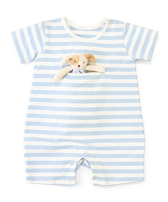 Bunnies by The Bay Baby Boy Romper White & Blue Stripe Skipit Romper & Lovey 9-12 Months