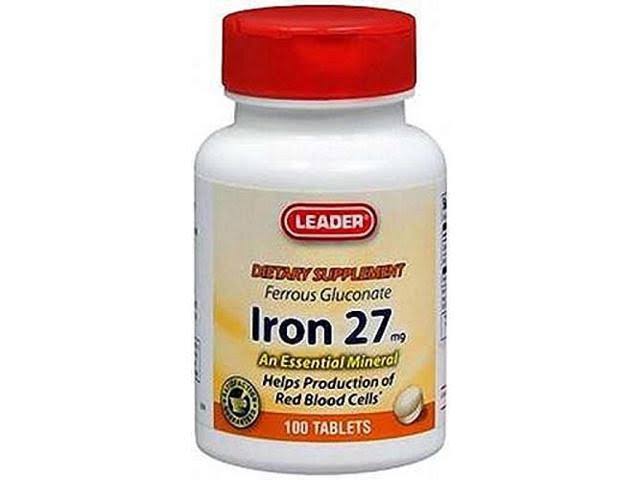 Leader Ferrous Gluconate Iron 27 mg, 100 Tablets