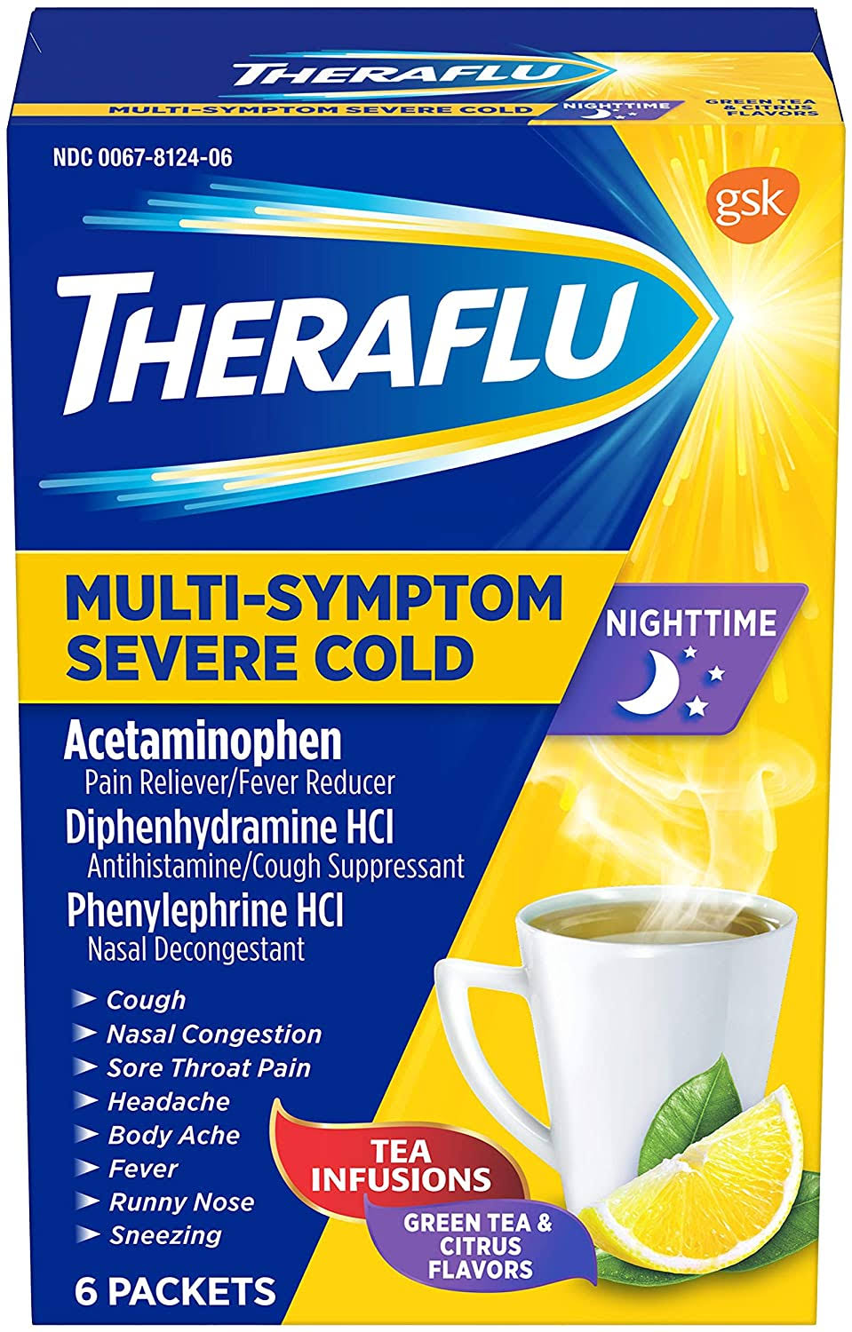 Theraflu Nightime Multi-Symptom Severe Cold - 6 Packets, Green Tea & Citrus