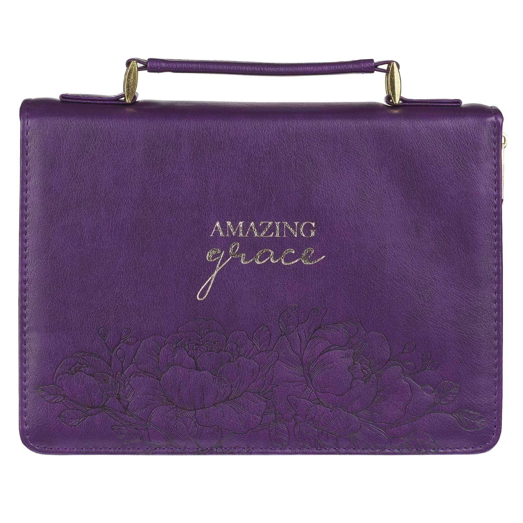 Bible Cover Medium: Amazing Grace, Purple Floral Faux Leather