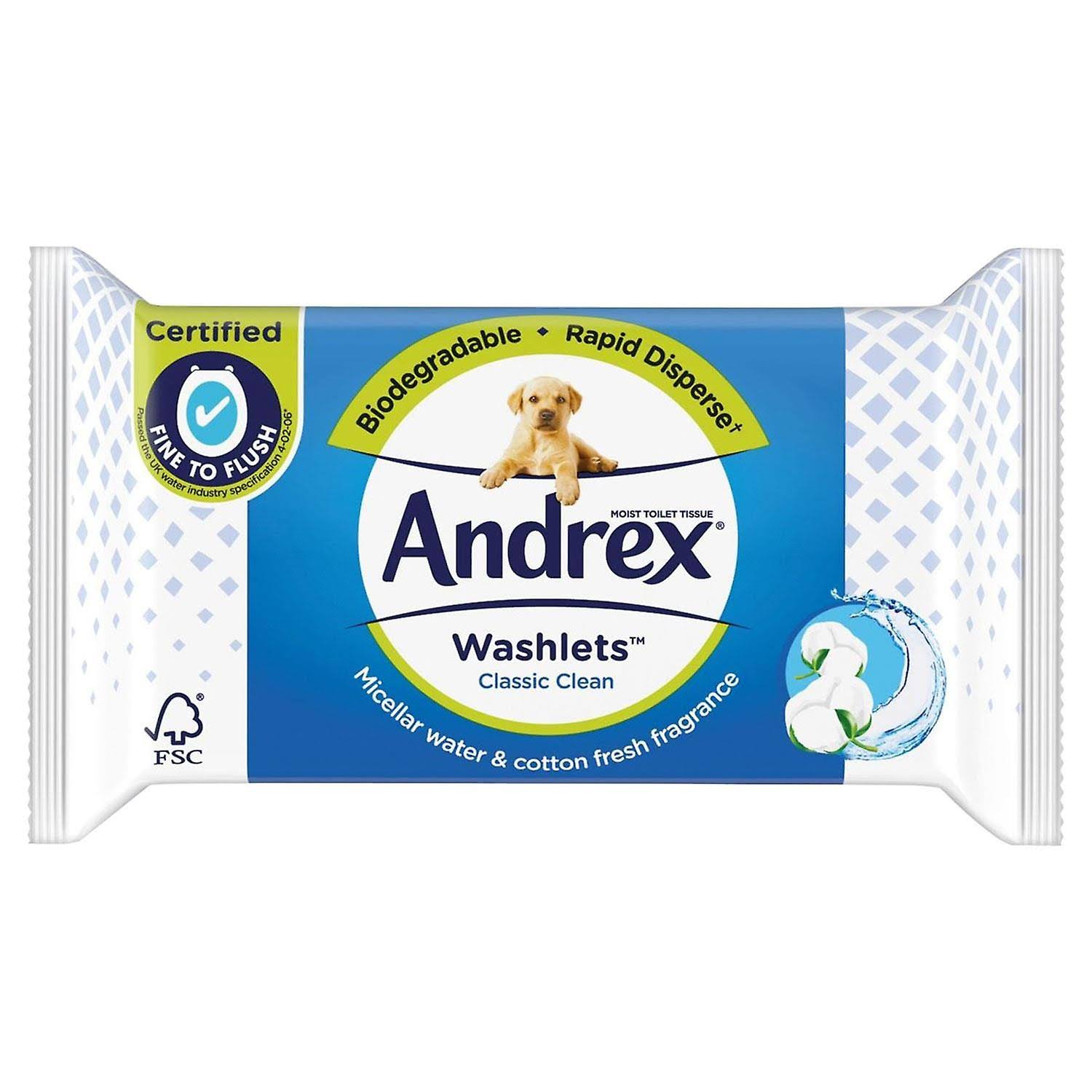 Andrex Washlets Classic Clean Flushable Toilet Wipes with Micellar Water White