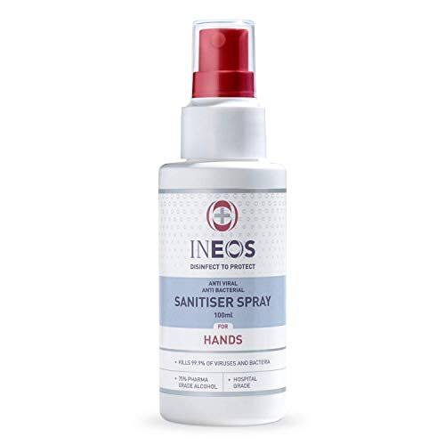 Hospital Grade Sanitiser Spray for Hands (100ml) by INEOS Hygienics . Made with 75% pharma grade alcohol. Kills 99.9% of viruses and bacteria.
