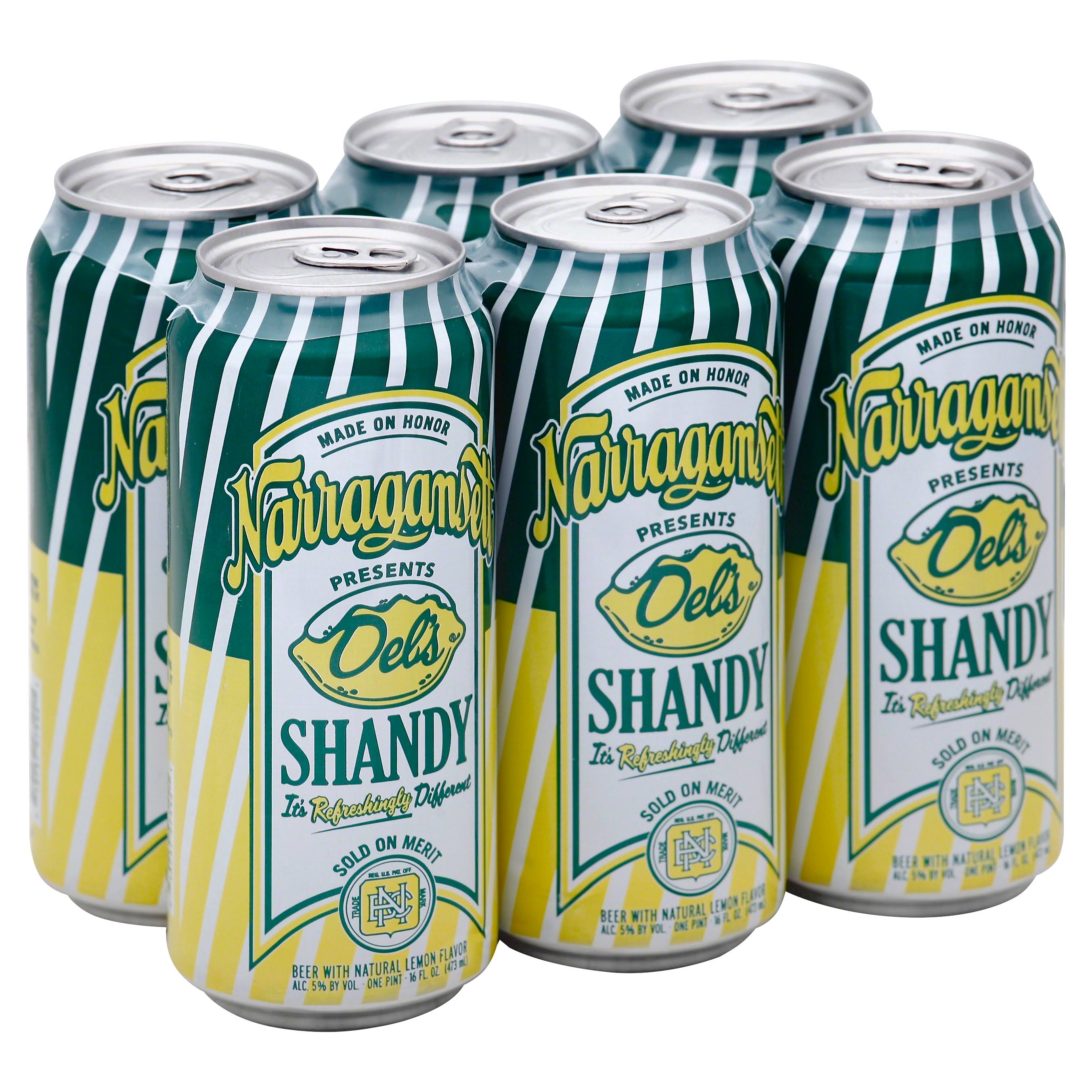 Narragansett Beer, Del's Shandy, with Natural Lemon Flavor - 6 pack, 16 fl oz