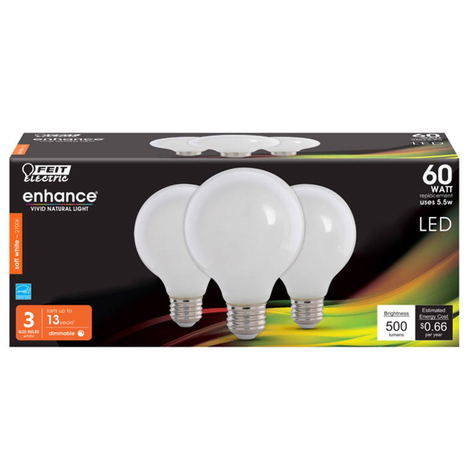 Feit Electric G25 Dimmable Filament CEC Title 20 LED Glass Light Bulb - Soft White, 60W, 3pk