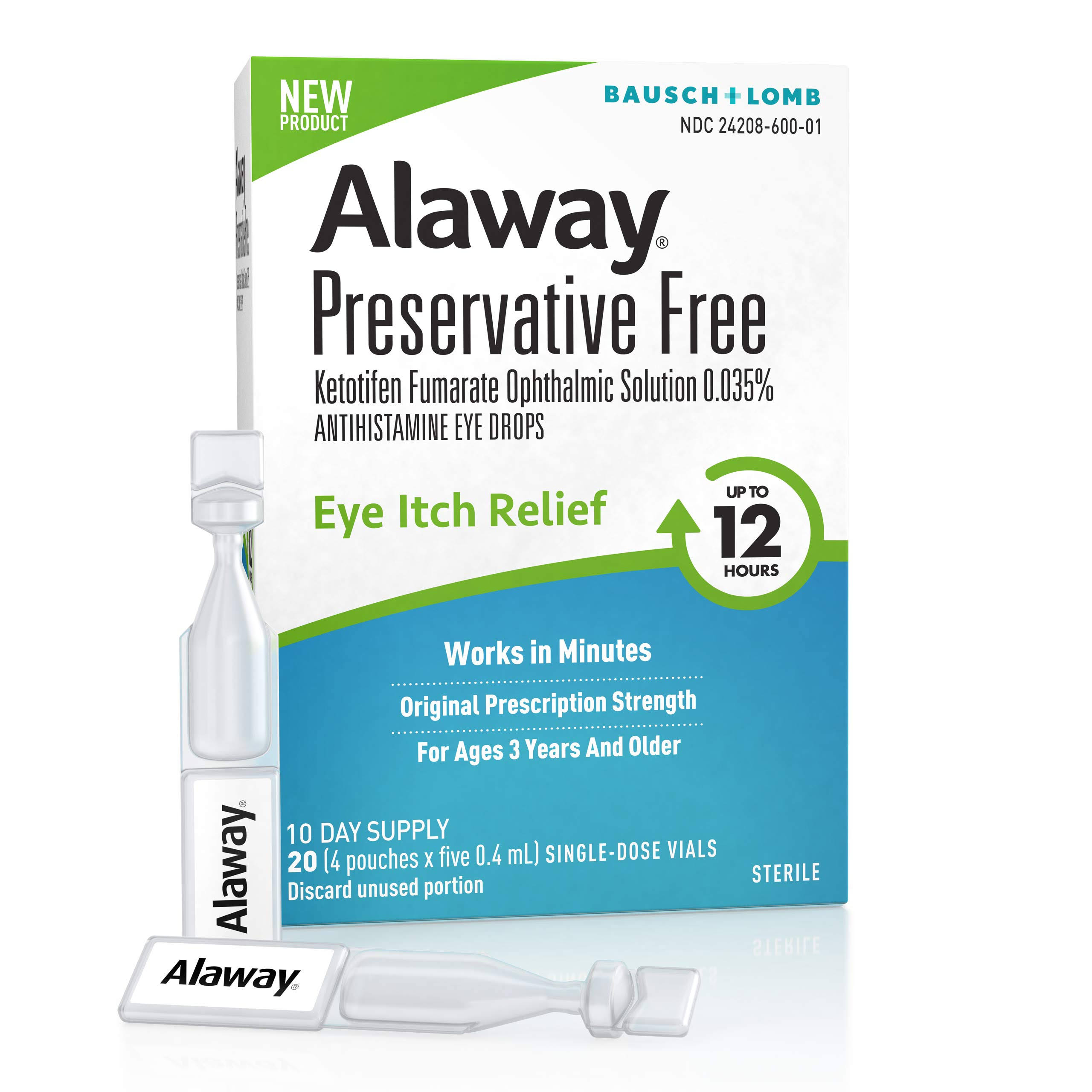 Alaway Eye Drops, Preservative Free Antihistamine Eye Drops for up to 12 Hours of Eye Itch Relief, 20 Single-Dose Vials