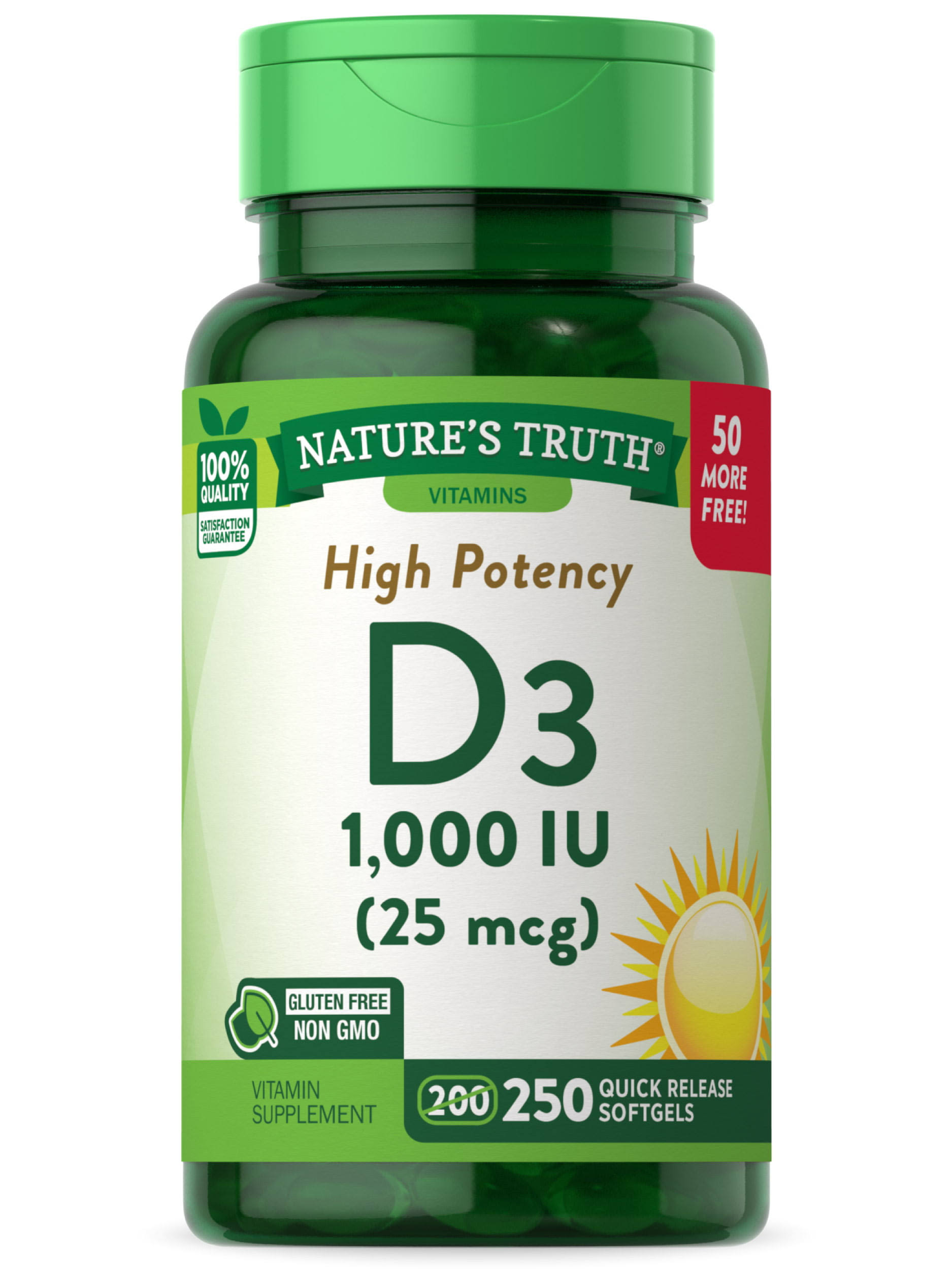 Natures Truth Vitamin D3, High Potency, 1000 IU, Quick Release Softgels - 250 softgels
