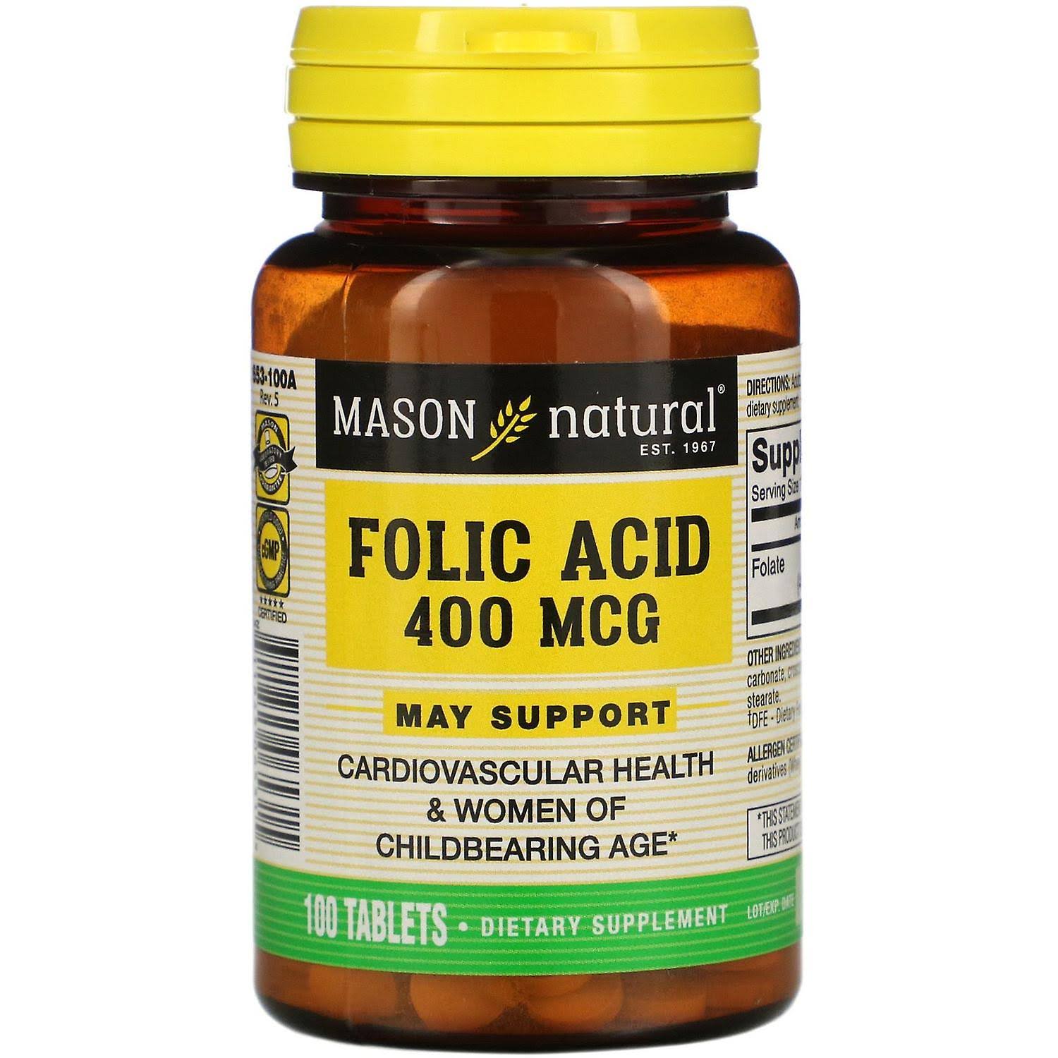 Mason Vitamins Natural Folic Acid Dietary Supplement - 100 Tablets
