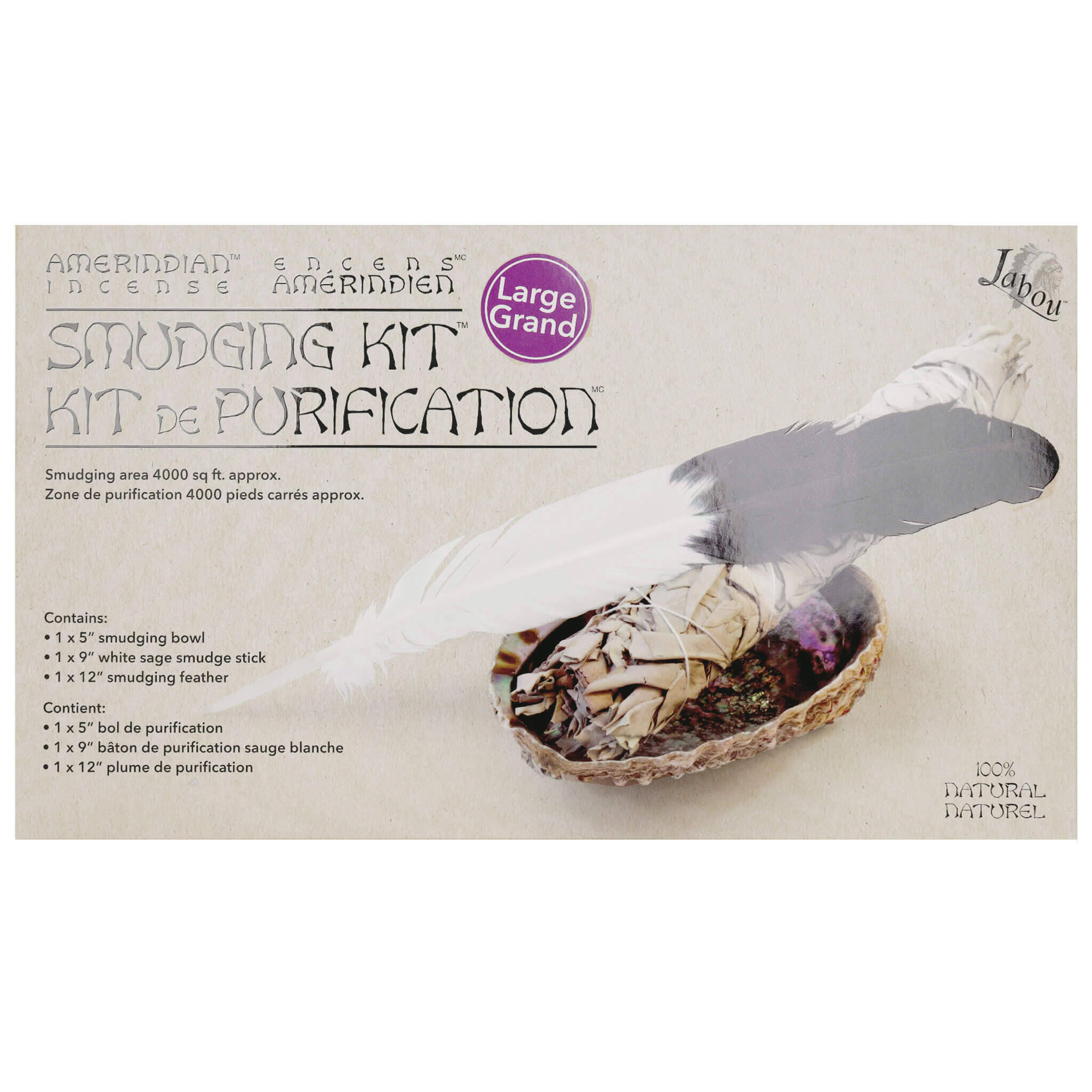 Jabou Amerindian Incense Smudging Kit - 12" Feather, with 9" White Sage