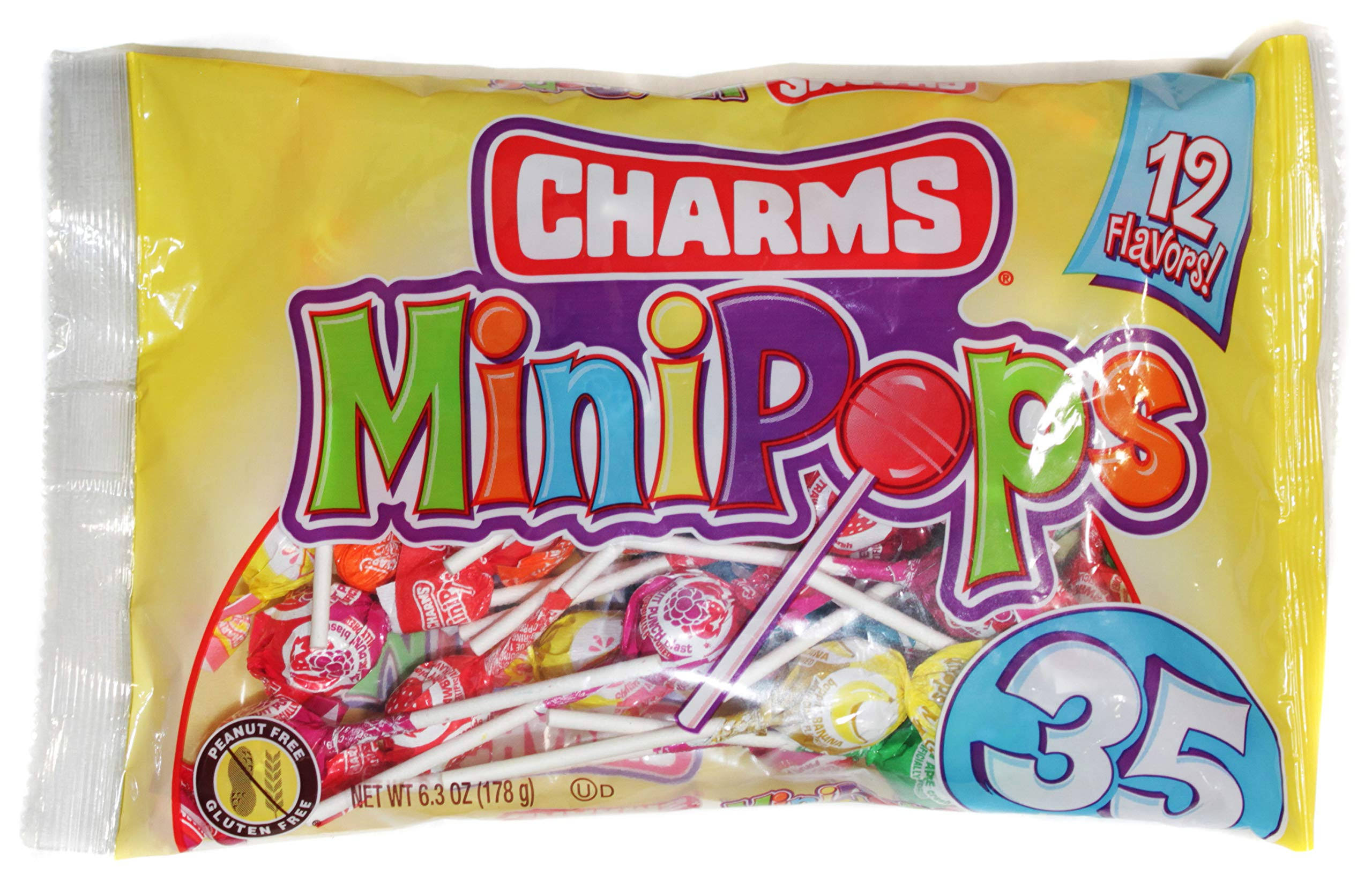 Charms (1) Bag Mini Pops Lollipop Candy - Assorted Fun Flavors - Peanut & Gluten Free 35pc per Bag 6.3 oz