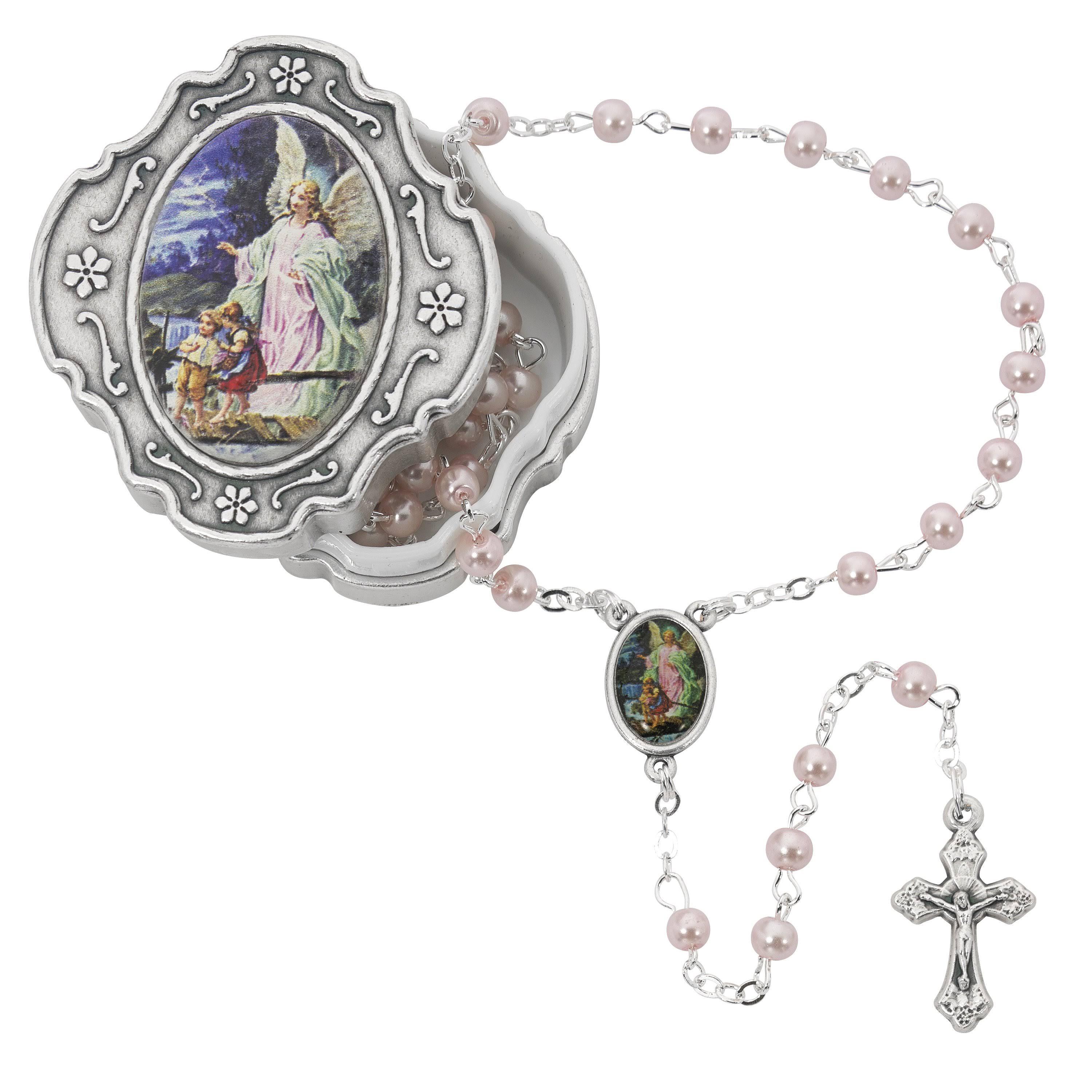 Guardian Angel Pink Rosary with Box Baptism