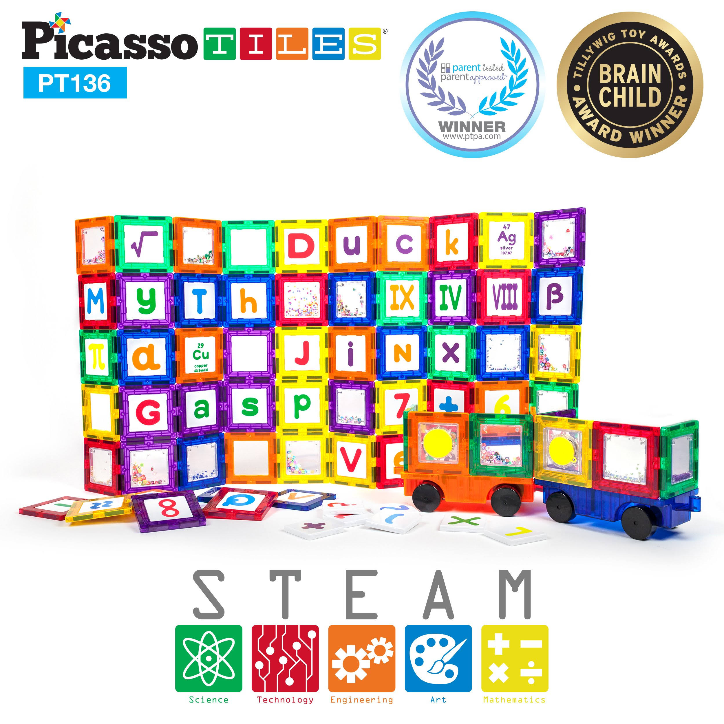 PicassoTiles 136 Piece S.T.E.A.M. Building Block Set with 66 Magnetized Clip-in Insert Cards Toy Construction Kit PT136 Magnet Building Tiles Clear