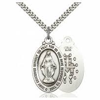 Sterling Silver Miraculous Medal Necklace - 4145M - 24" Light Rhodium Heavy Curb Chain - Lobster Claw