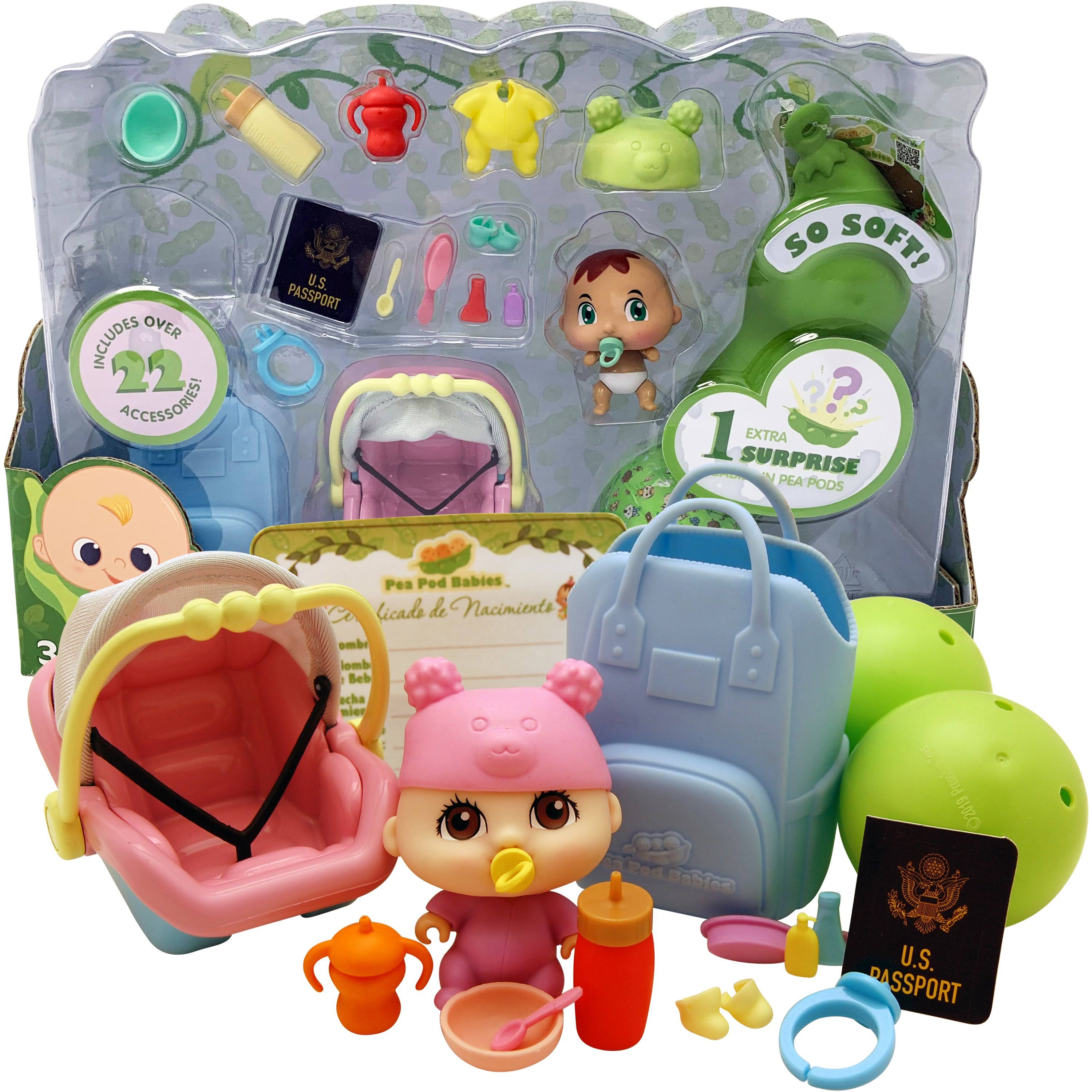 Pea Pod Babies Twenty Two Piece Little Traveler Playset - Collectible Mystery Surprise Toy with Mini Baby, Clothing, & Accessories - All in A Soft