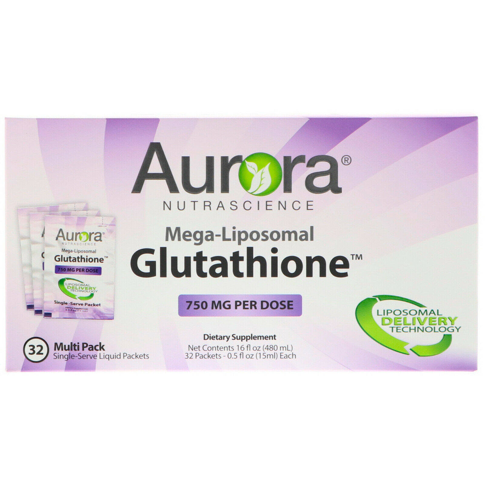 Aurora Nutrascience, Mega-Liposomal Glutathione, 750 mg, 32 Single-Serve Liquid Packets, 0.5 fl oz (15 ml) Each