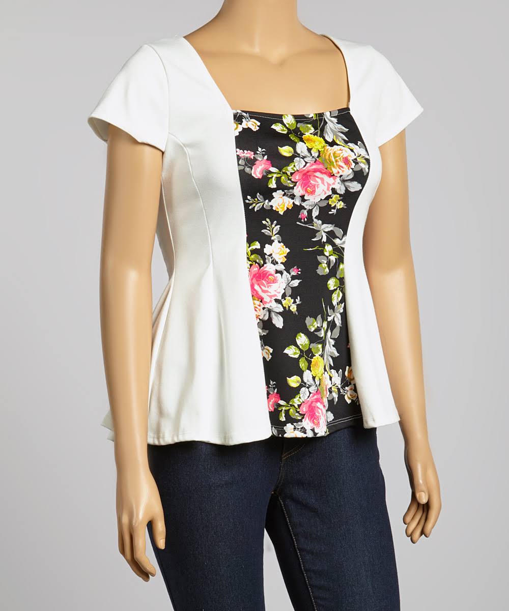 Clothing Showroom Women's Tee Shirts White - White Floral Square Neck Top - Plus