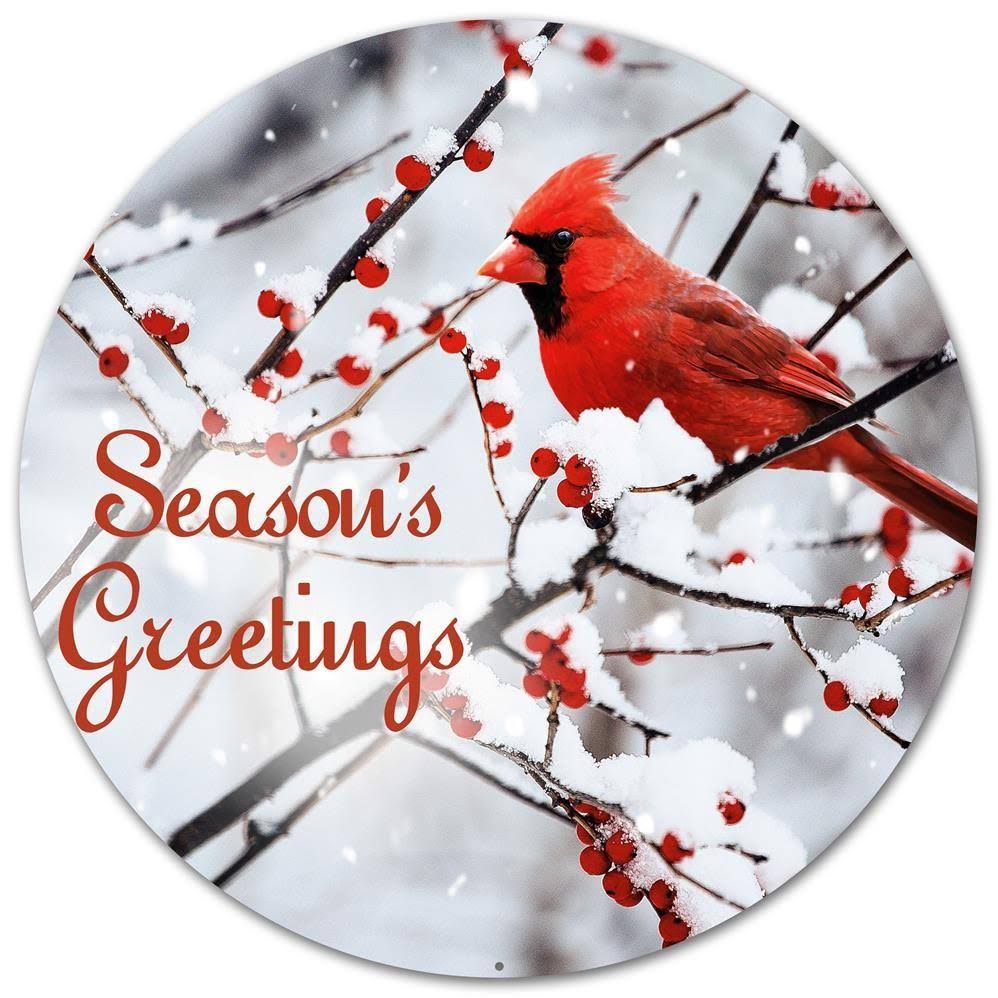Cardinal Seasons Greetings 12" Round Metal Sign - White/Red/Black/Grey