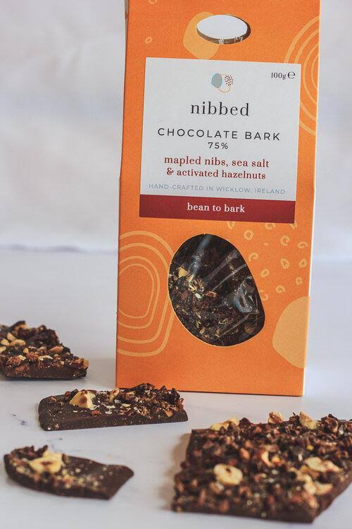 Nibbed Chocolate Bark 75% Mapled Nibs, Sea Salt & Activated Hazelnuts 100g