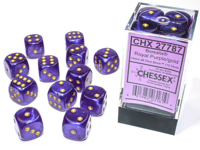 Borealis 12 * D6 Royal Purple / Gold 16mm Luminary Chessex Dice (CHX27787)