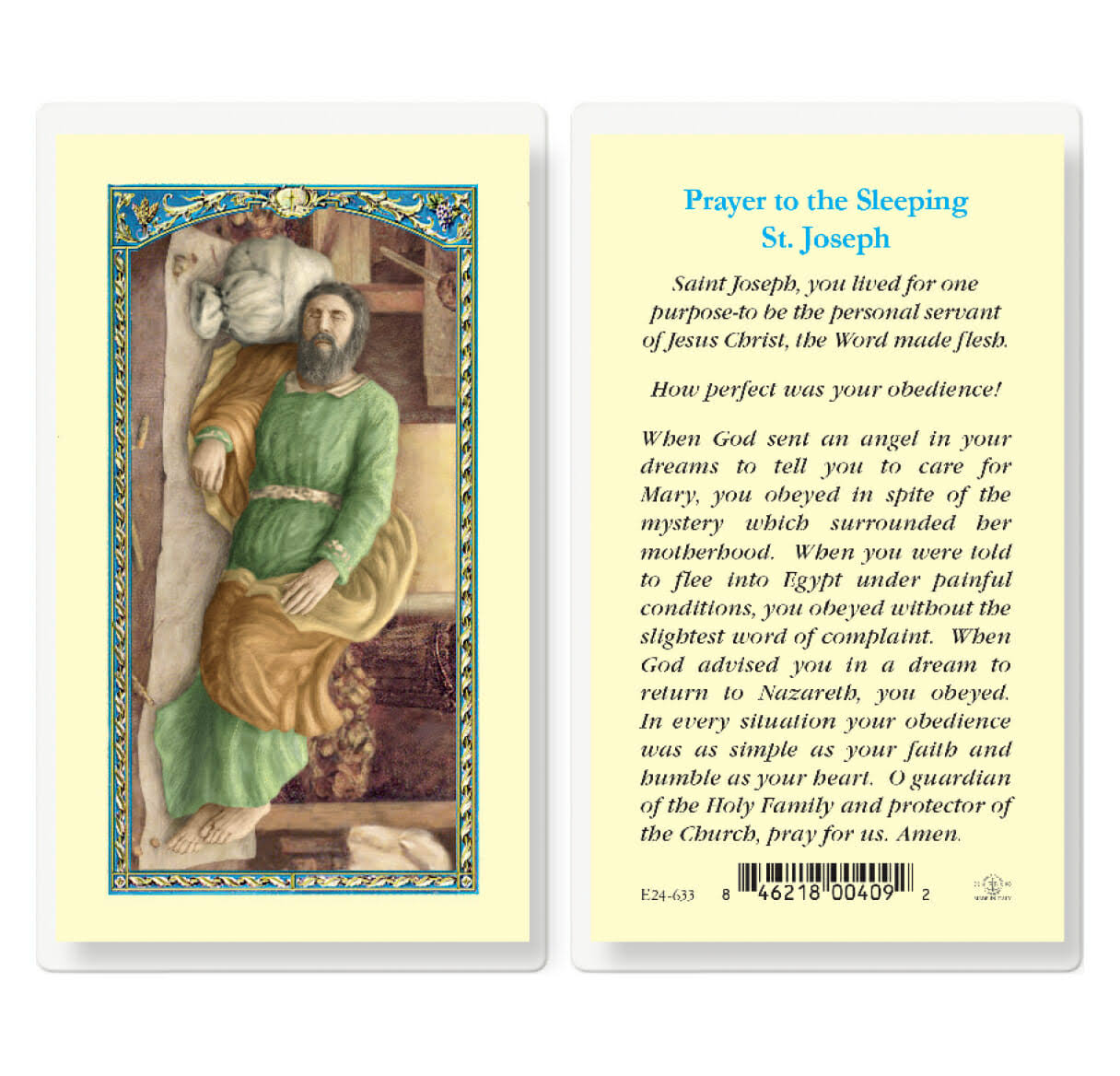 Saint Joseph Sleeping Laminated Holy Card - 25 Pack