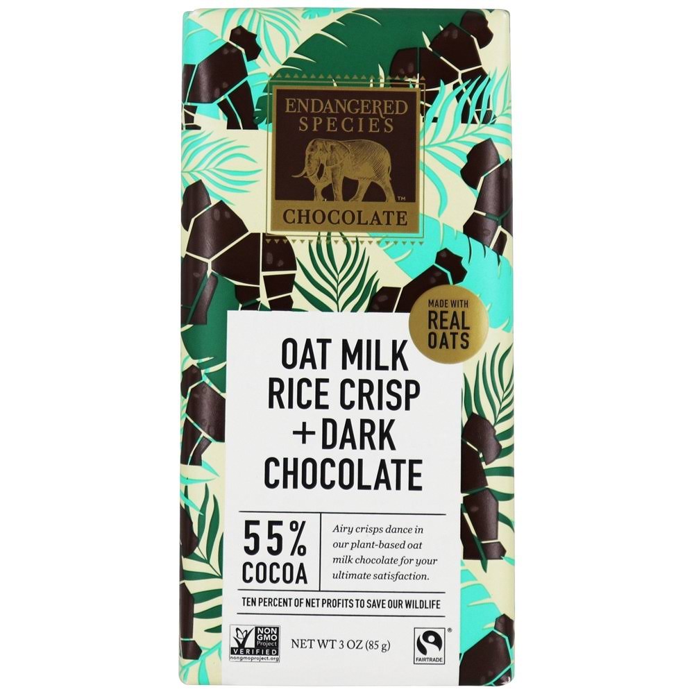 Endangered Species Dark Chocolate Bar 55 Cocoa Oat Milk Rice Crisp 3 oz.