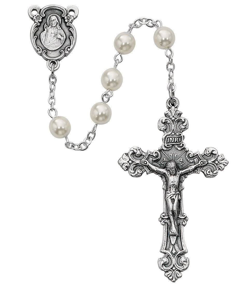 McVan 131DF 6 mm Pearl Like Glass Cross & Rosary Set - White