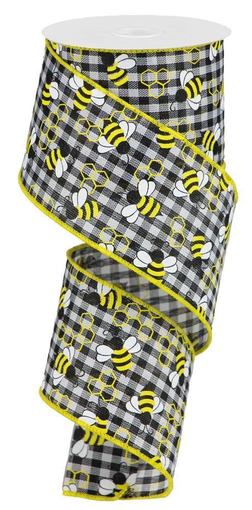 2.5" X 10 Yd Wired Mini Bubble Bees Gingham Check. Black/White/Yellow
