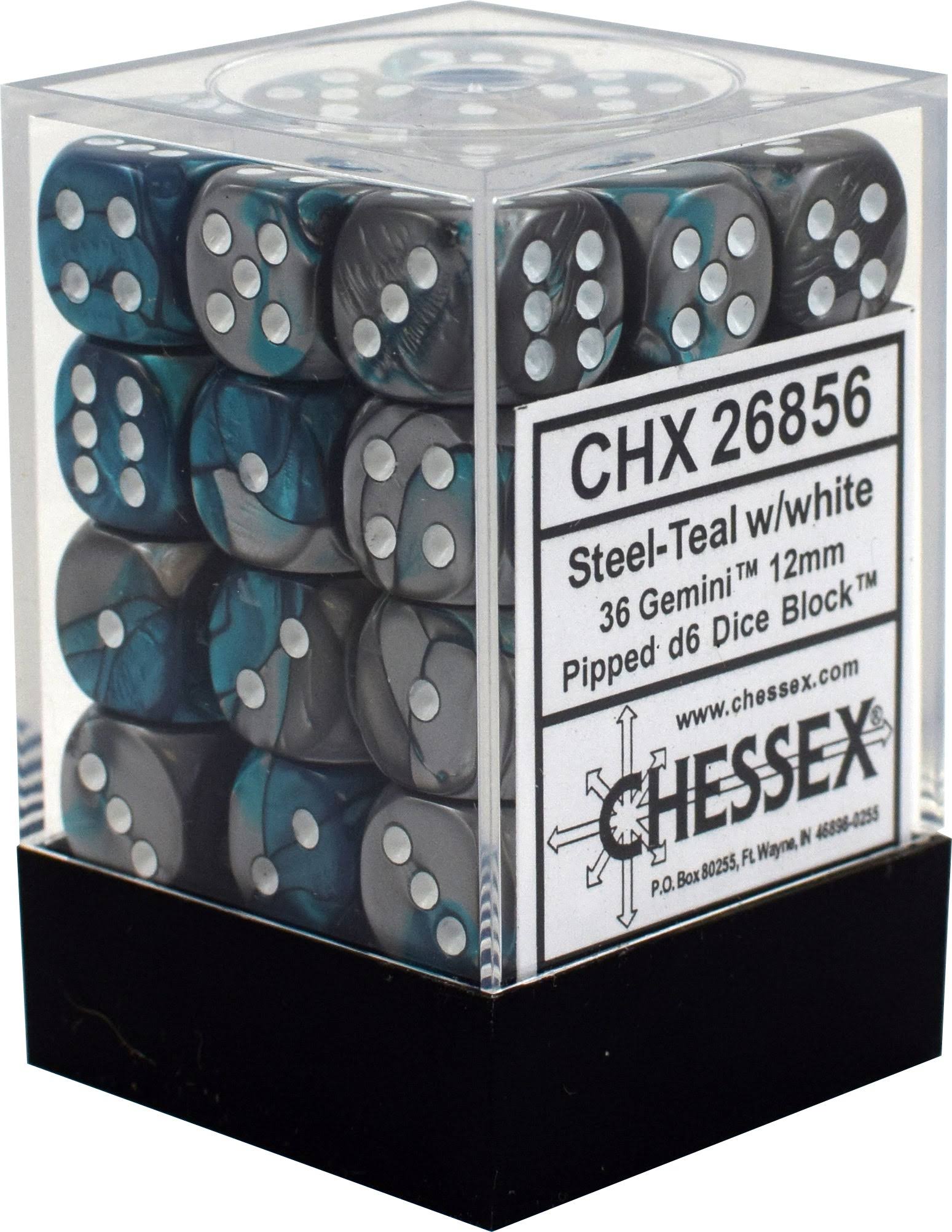 Chessex Gemini Steel-Teal/White 12mm D6 Dice Block (36)