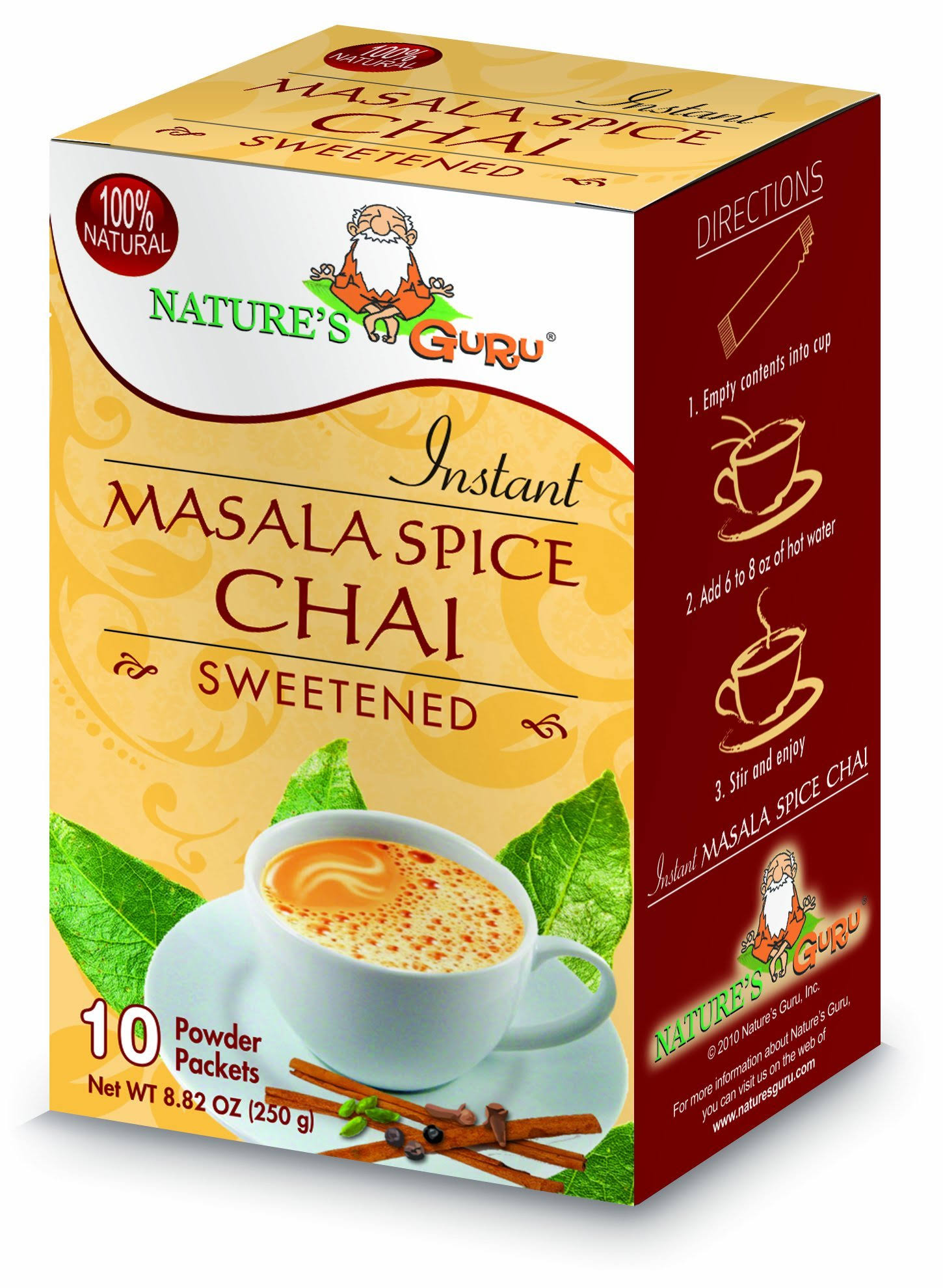Nature's Guru Instant Masala Spice Chai Tea Drink Mix Sweetened Single Serve On-the-Go Drink Packets, 10 Count (Pack of 4)