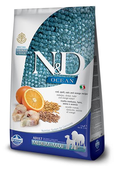 Farmina Ocean N&D Natural & Delicious Medium & Maxi Adult Cod, Spelt, Oats & Orange Dry Dog Food, 5.5 lbs