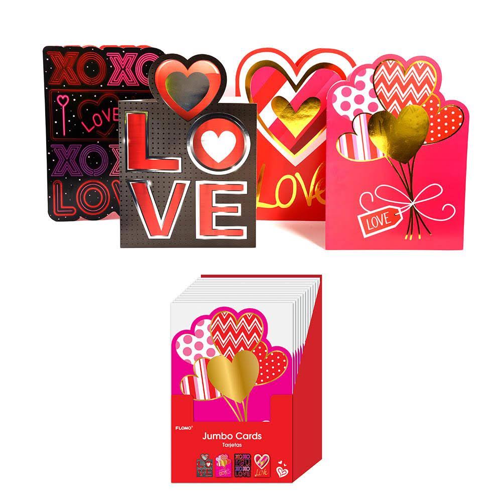 Four Designs of Die-Cut Valentine Jumbo Greeting Cards in A Floor Display with Envelopes - Case of 48