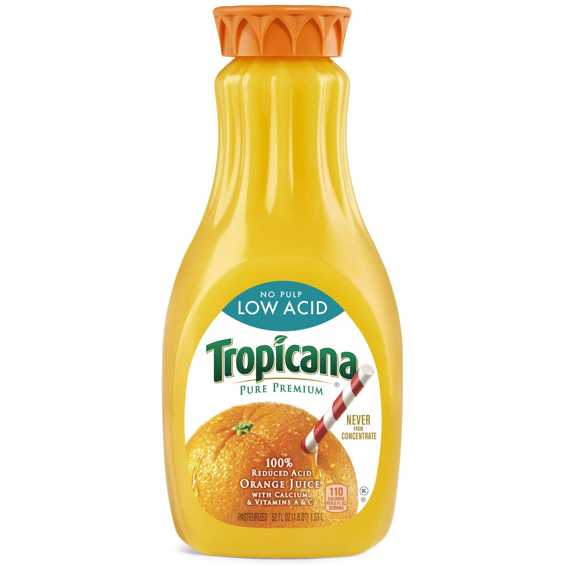 Tropicana 100% Juice, Low Acid, Orange, No Pulp - 52 fl oz