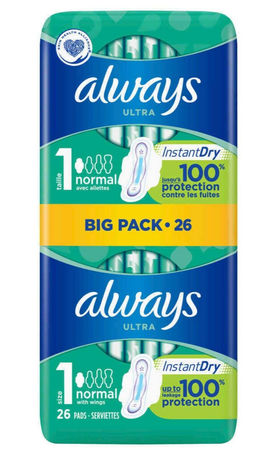 Always Ultra Normal Sanitary Towels Wings - 26 Pads, Size 1