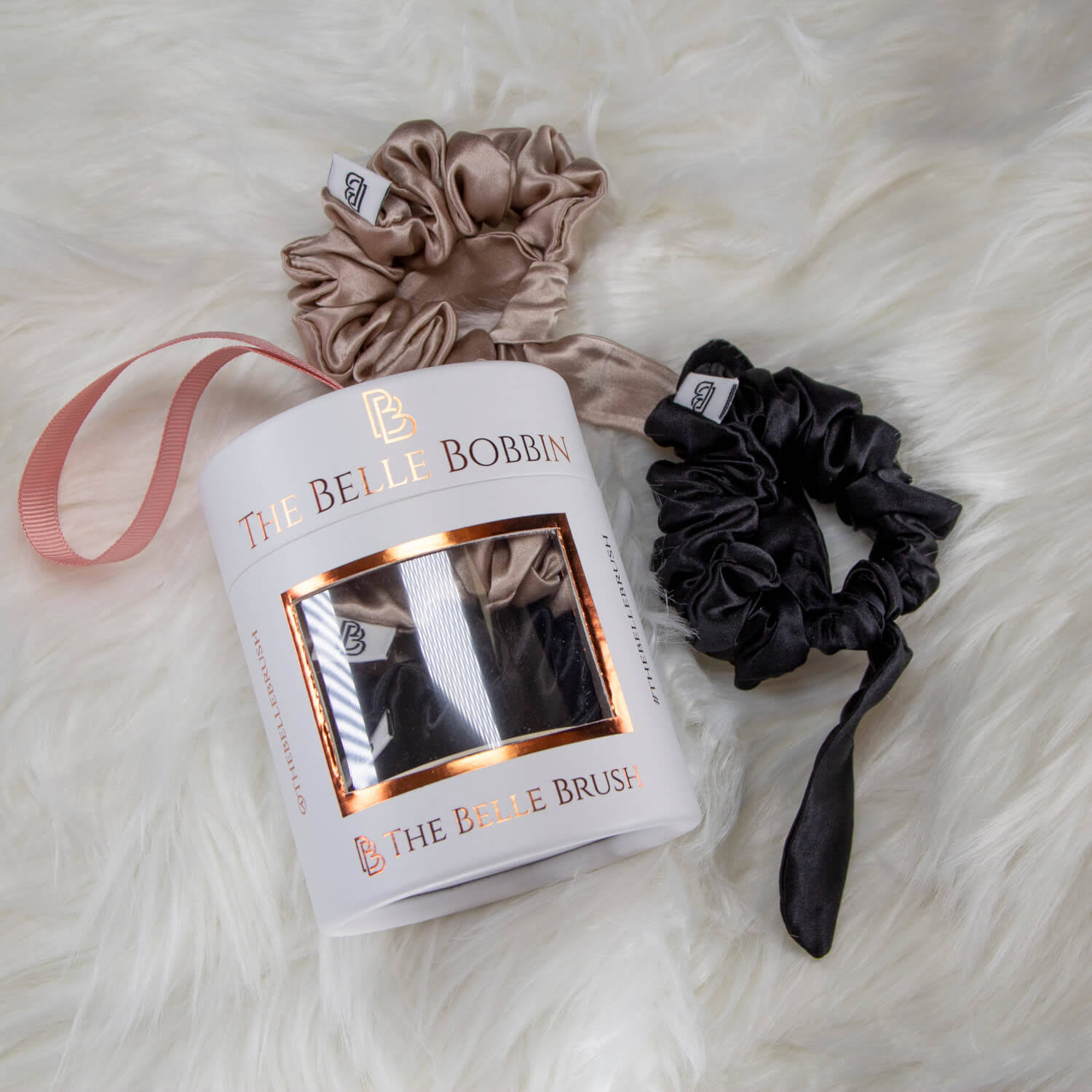 The Belle Brush The Belle Bobbin - 2 x 100% Mulberry Silk Scrunchies - Black & Champagne - Accessories