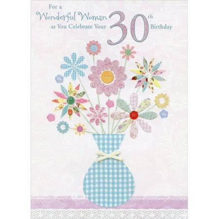 Designer Greetings Blue Checkered Vase with Sparkling Flowers Age 30 / 30th Birthday Card for Her, Size: 5.75x8 Inches