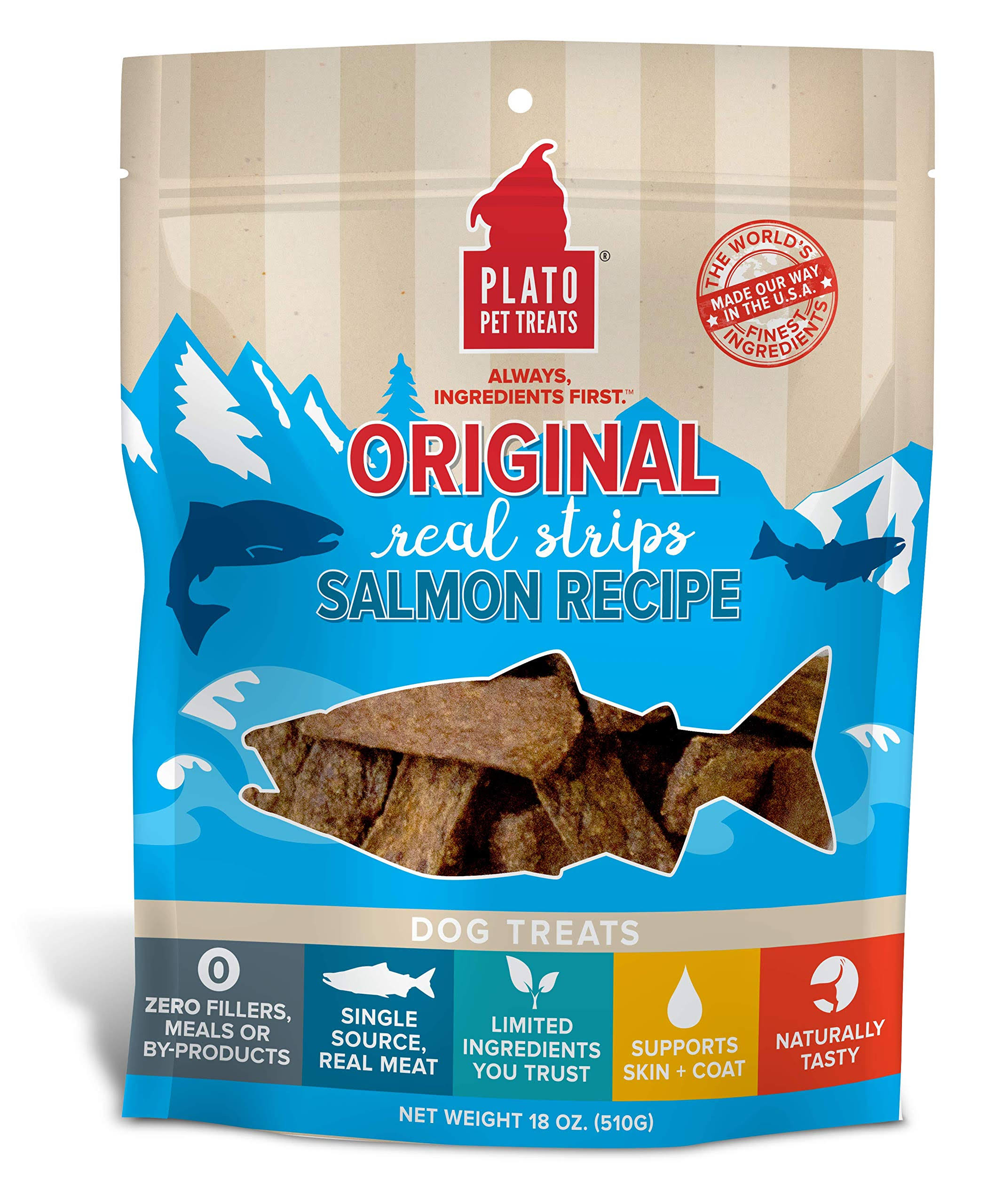 Plato Salmon Real Strips Dog Treats 18oz