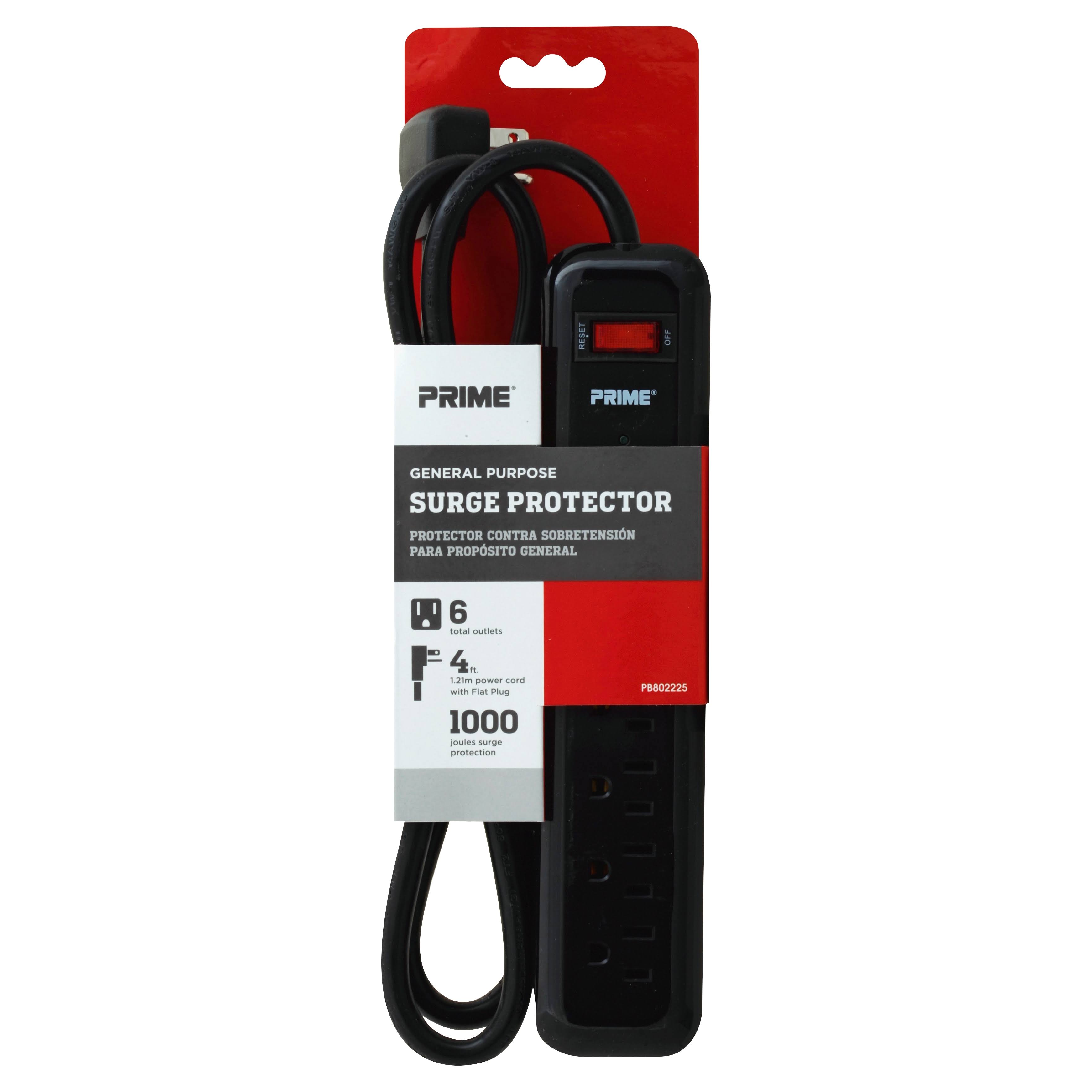 Prime Surge Protector - Black, 4', 6 Outlet