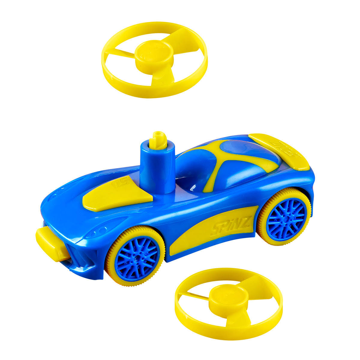 Skullduggery Spinz Pull-Back Race Car with Flying Disc - Blue / Yellow , 2.25 x 4.75 x 3"