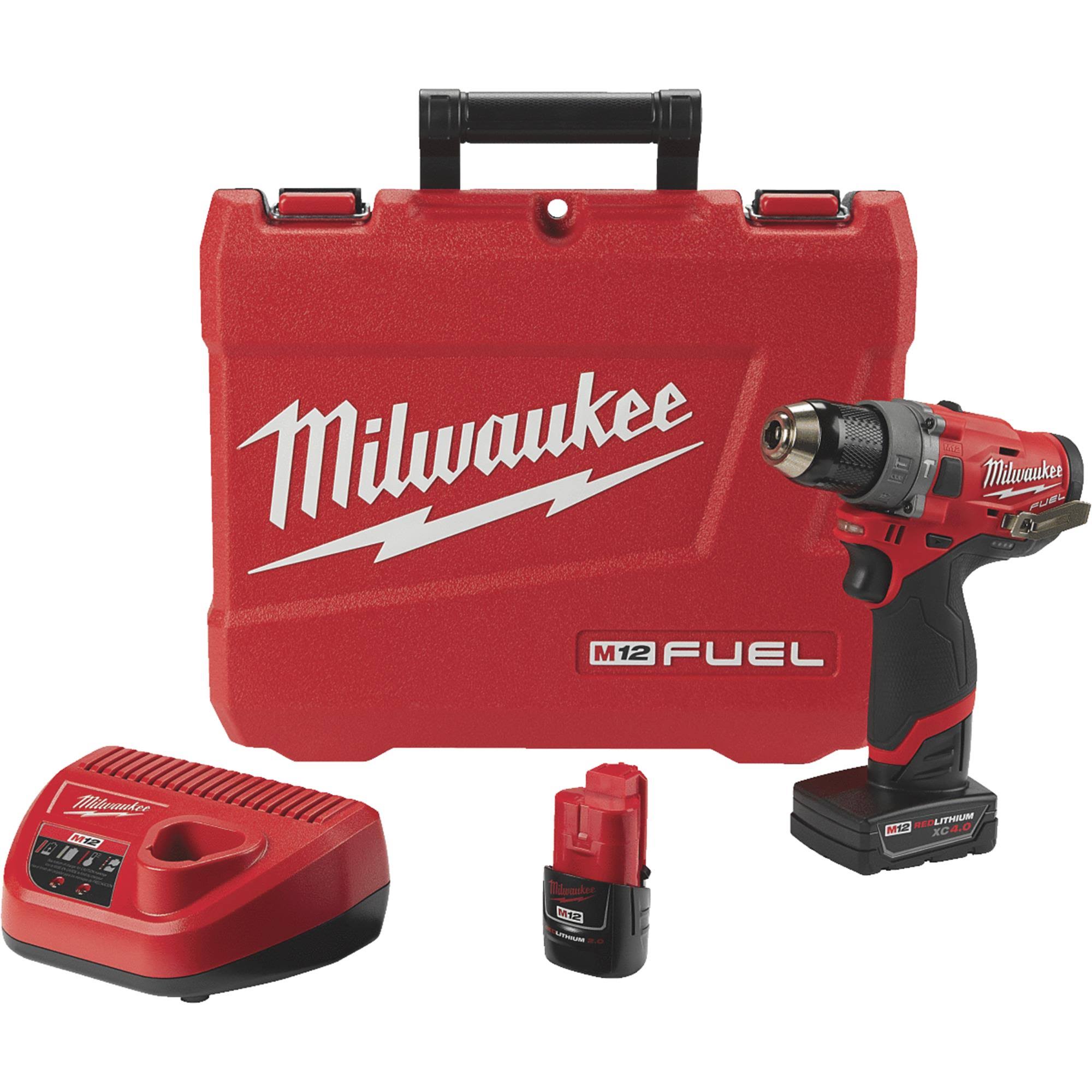 Milwaukee 2504-22 M12 Fuel Lithium Ion Hammer Drill Kit - with 4.0ah and 2.0ah Battery and Hard Case